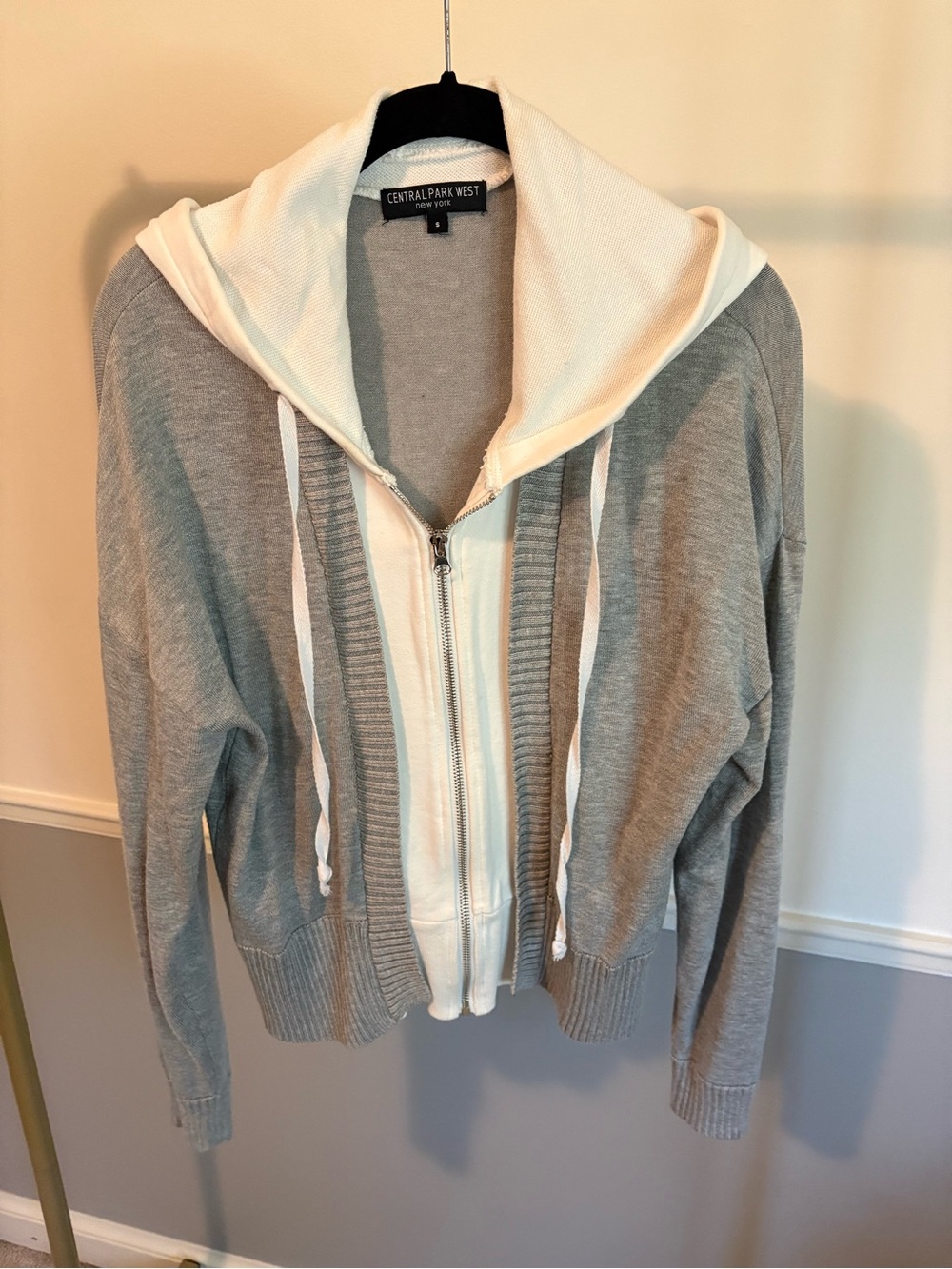 Central Park West Gray and Cream Zip Hoodie Cardigan